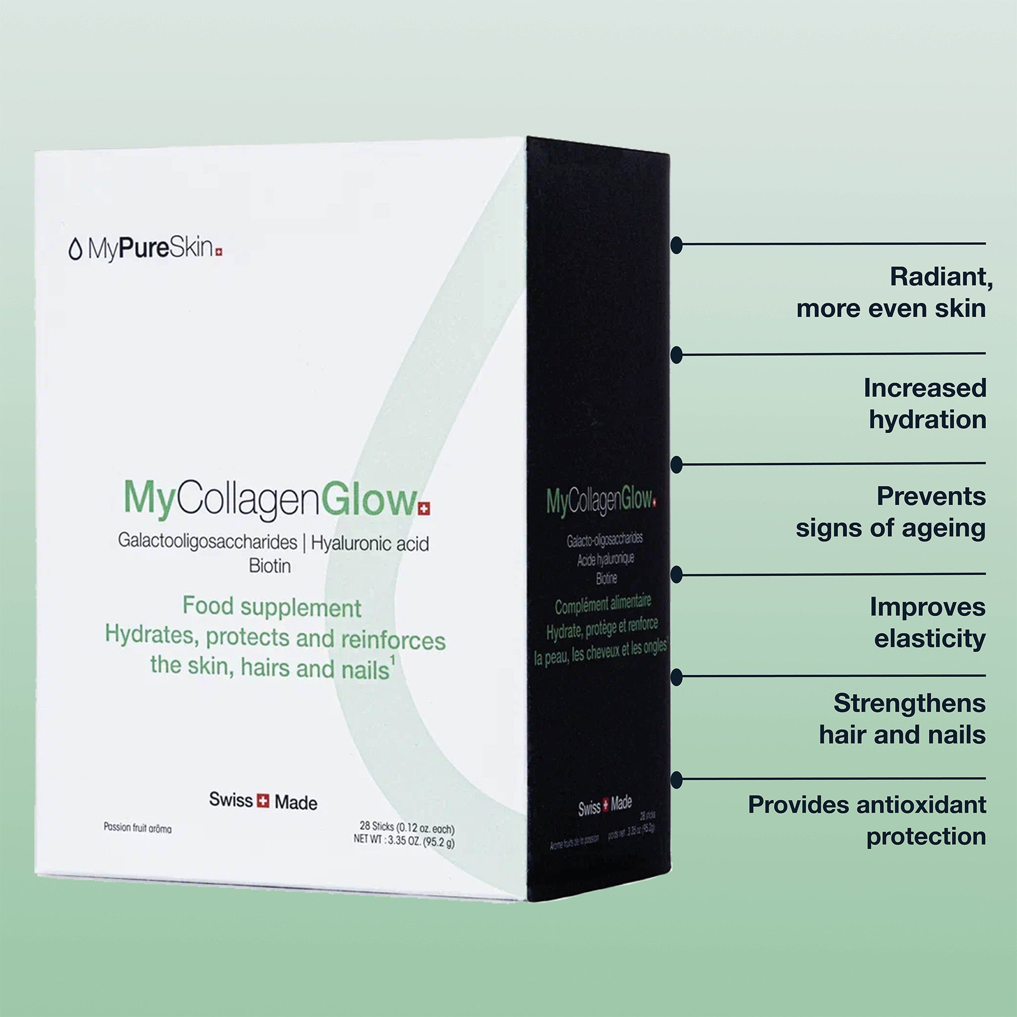 MyCollagenGlow box with listed benefits on the side