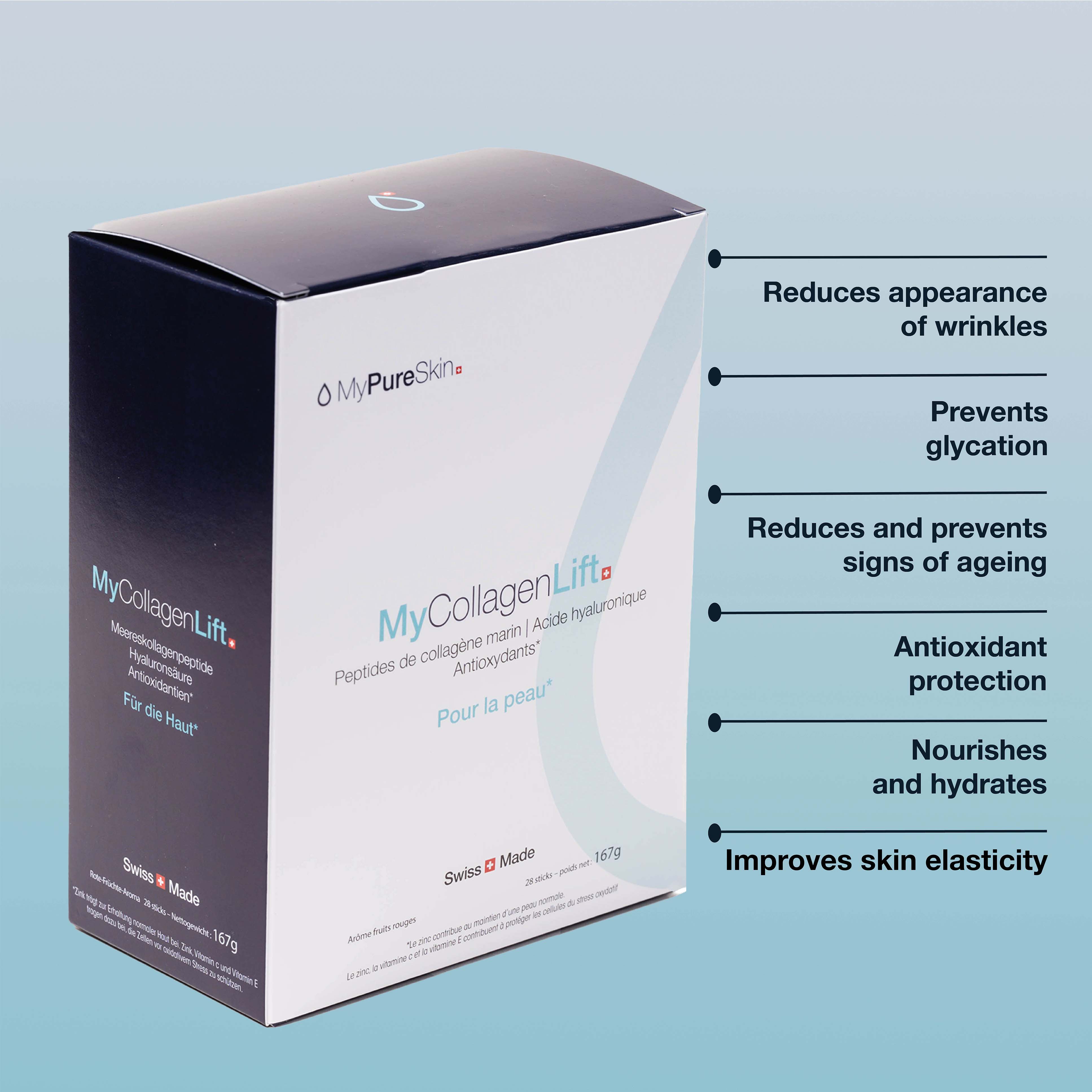 MyCollagenLift box with a list of benefits on the side