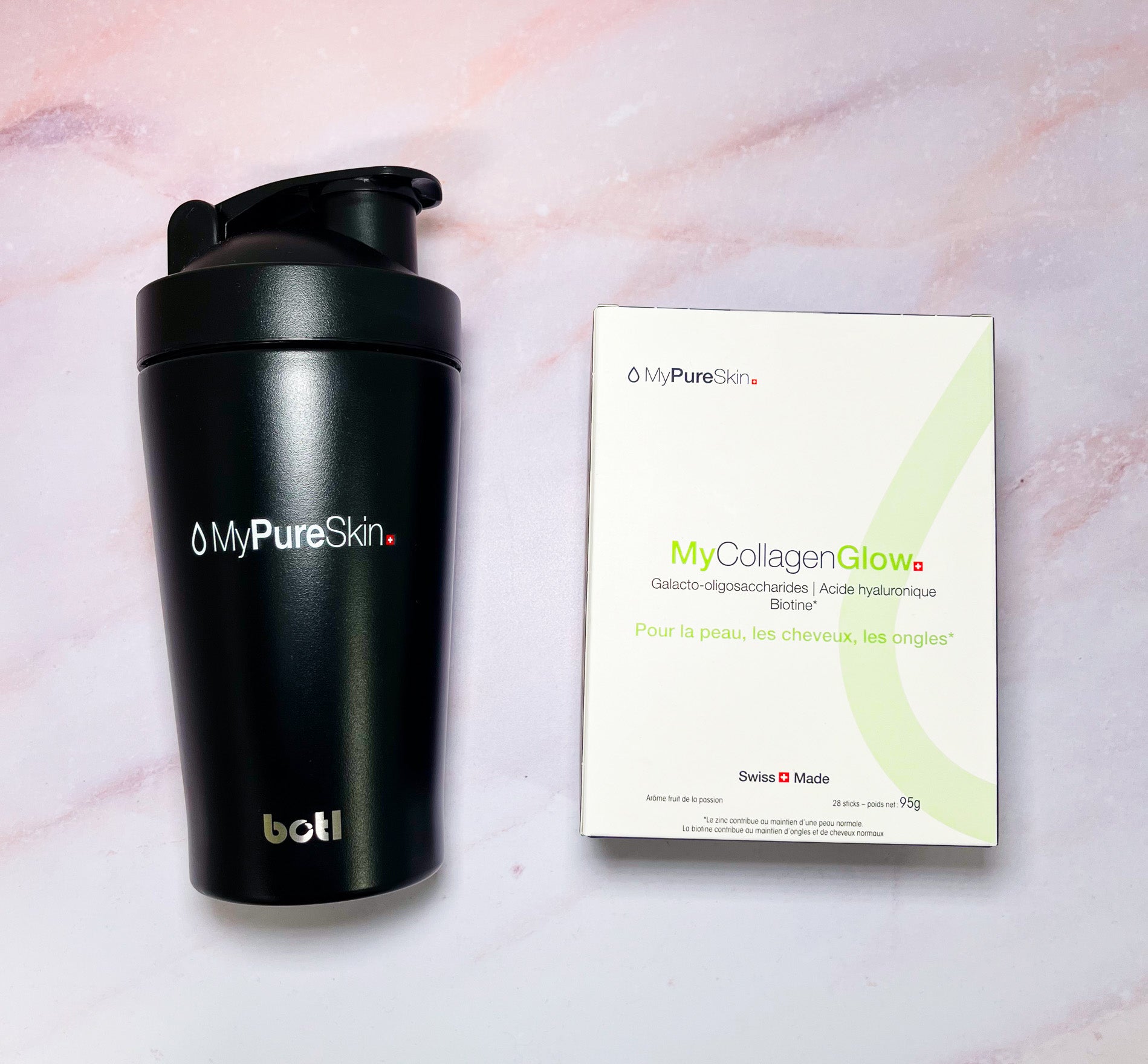 MyCollagenGlow supplement and shaker bottle
