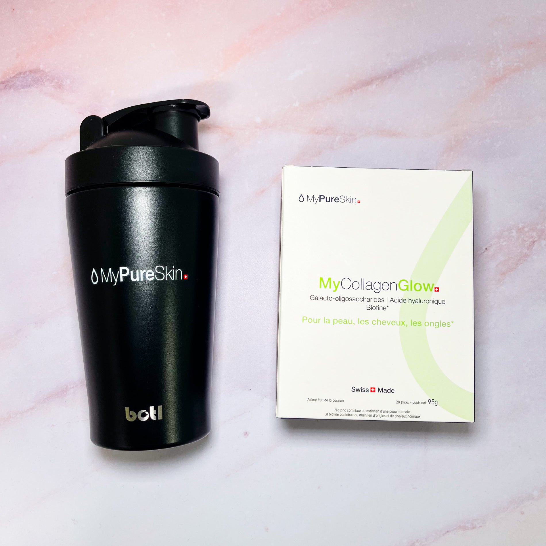 MyCollagenGlow supplement and shaker bottle