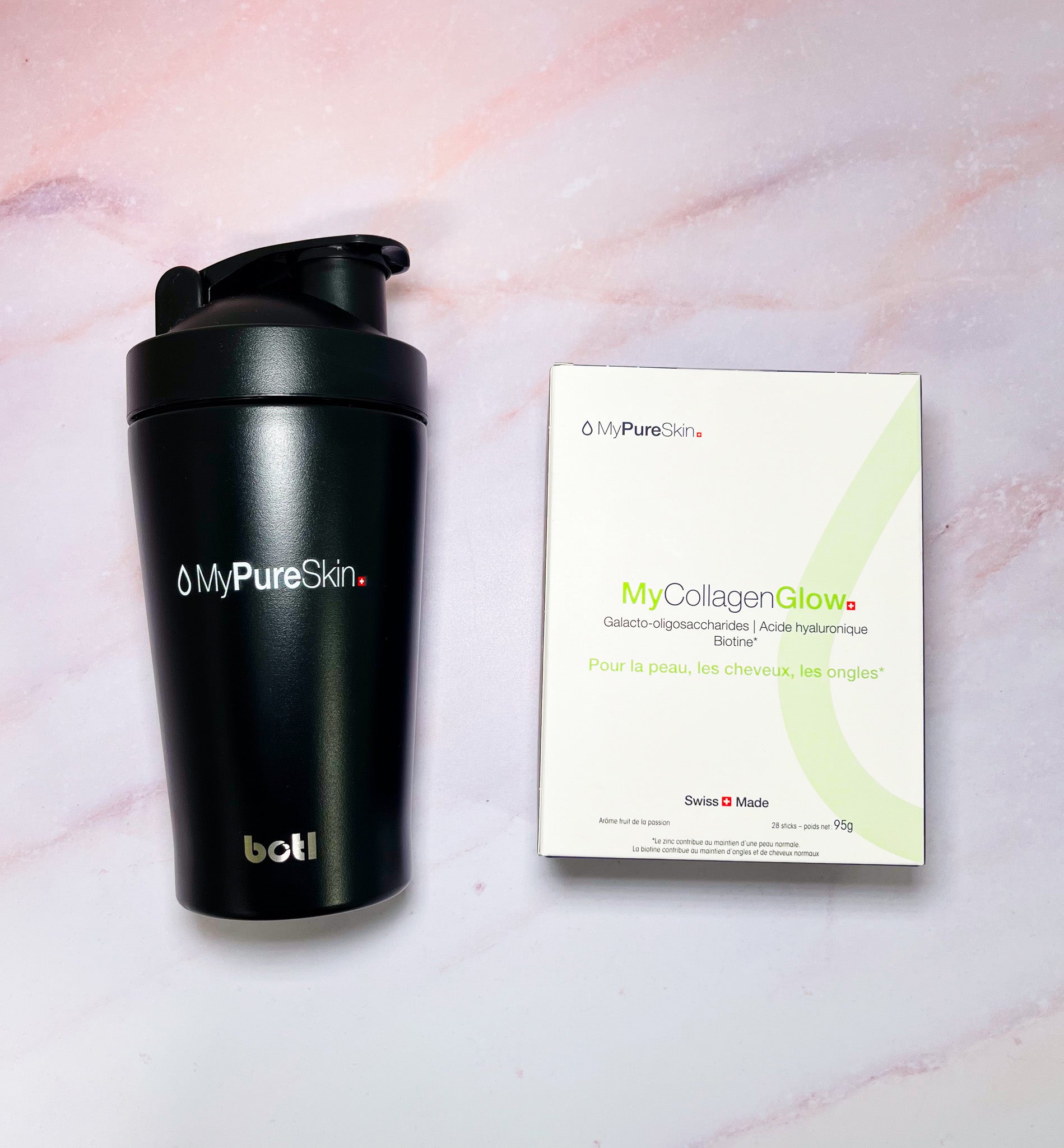 MyCollagenGlow supplement and shaker bottle