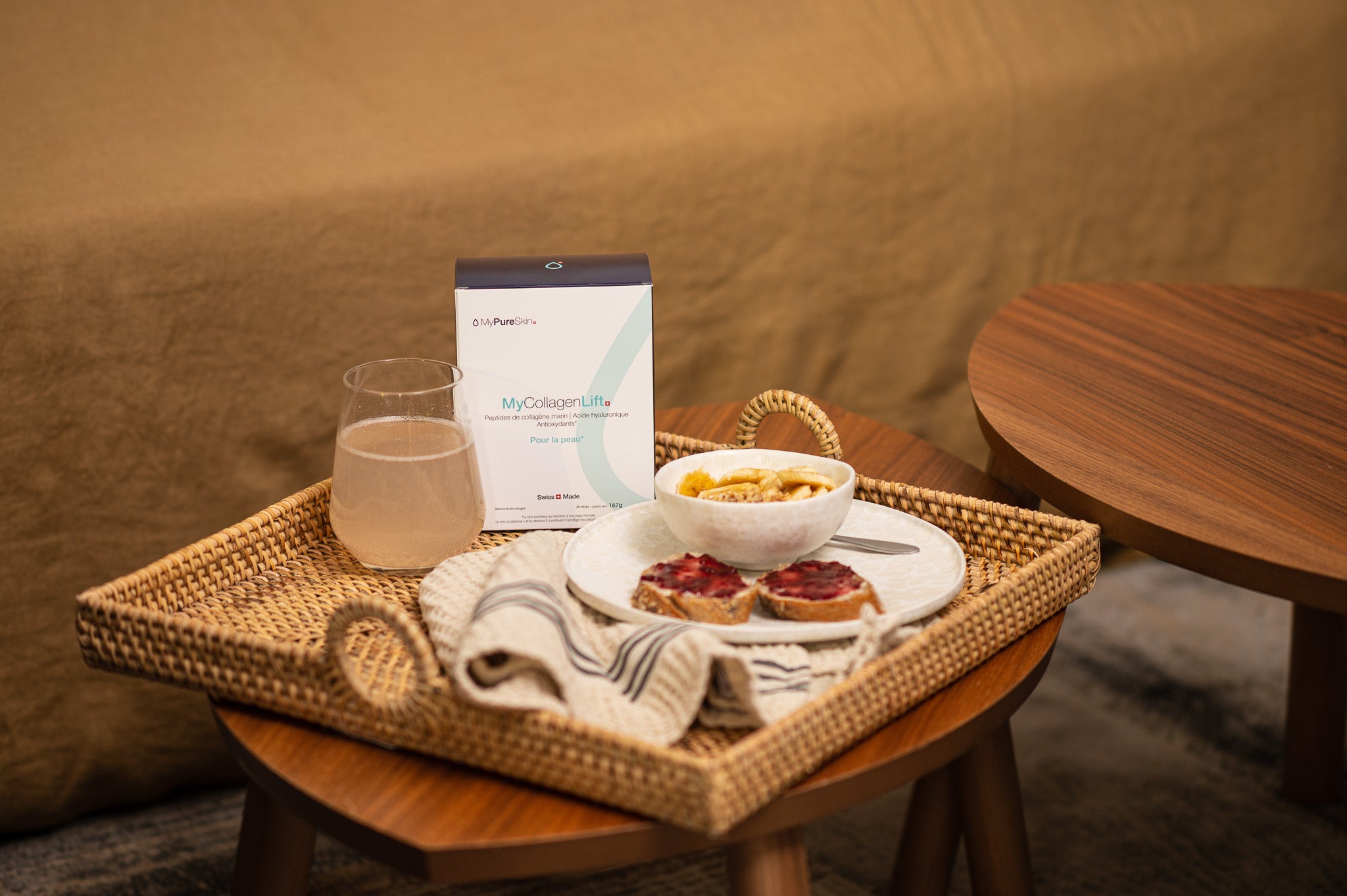 MyCollagenLift drink on breakfast tray 