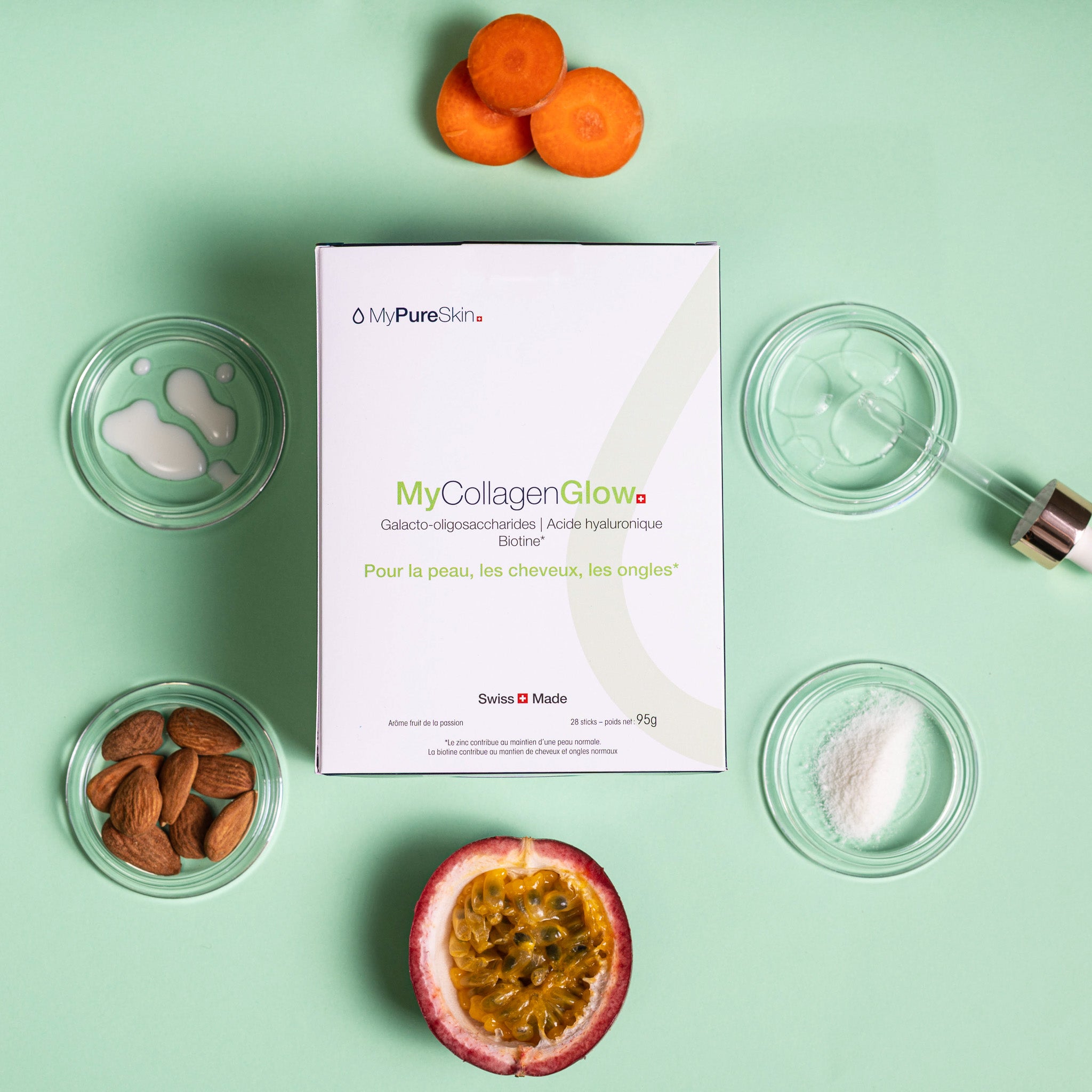 MyCollagenGlow box surrounded by ingredients in supplement drink