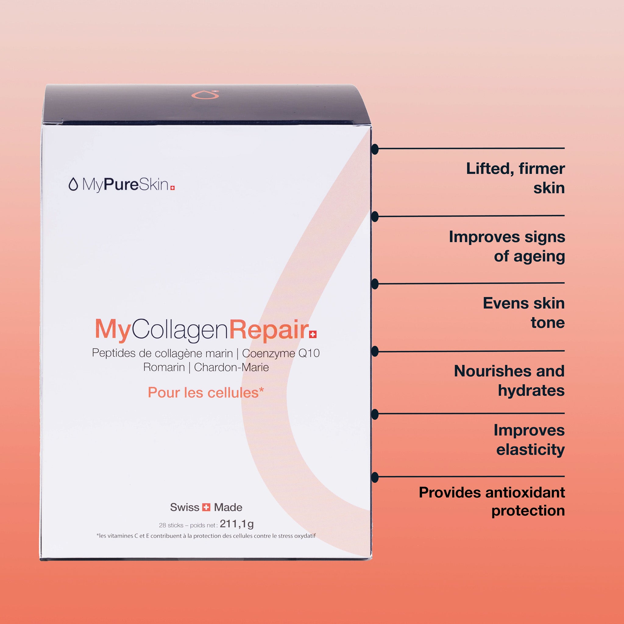 MyCollagenRepair box with a list of benefits on the side