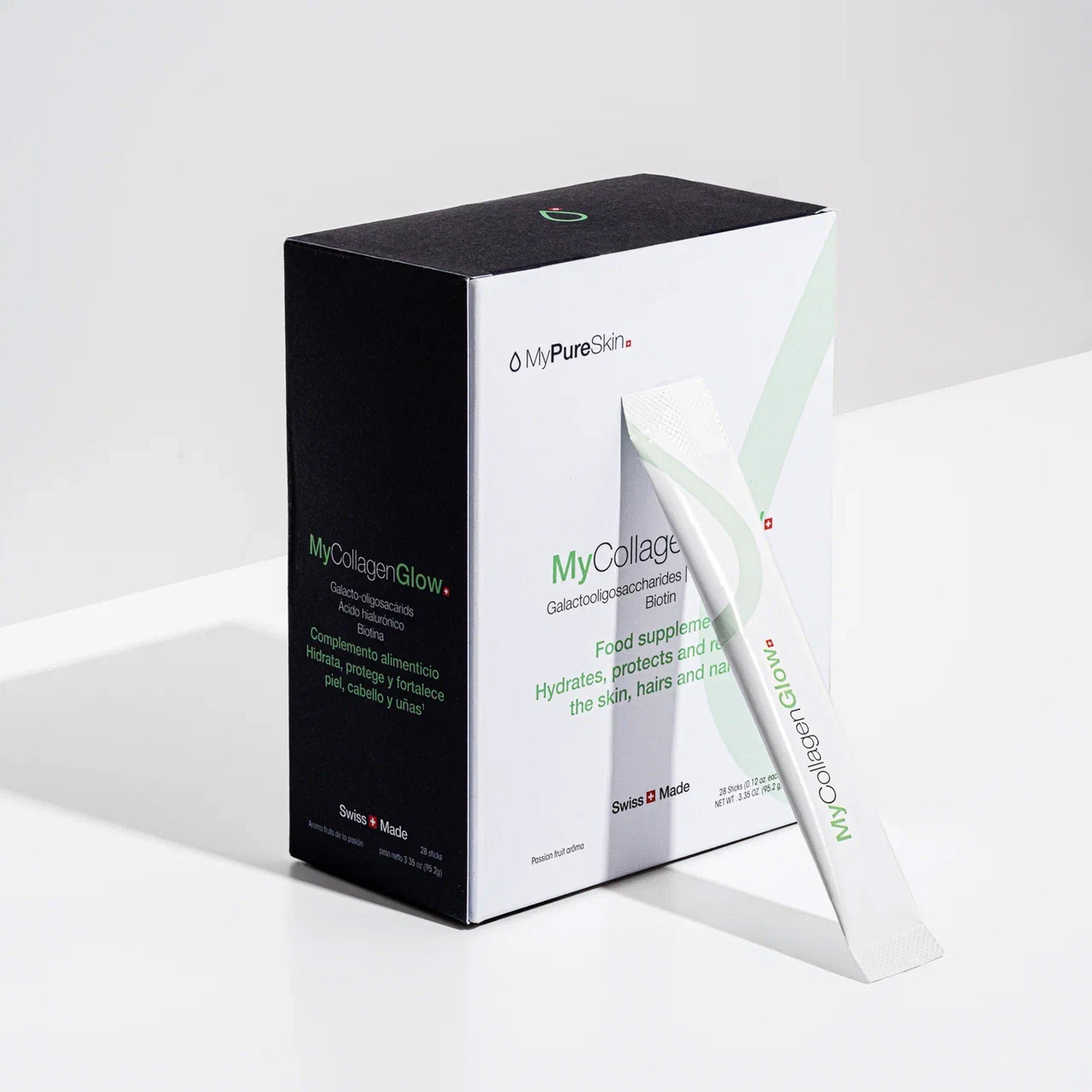 MyCollagenGlow box with a collagen stick laying diagonally on box