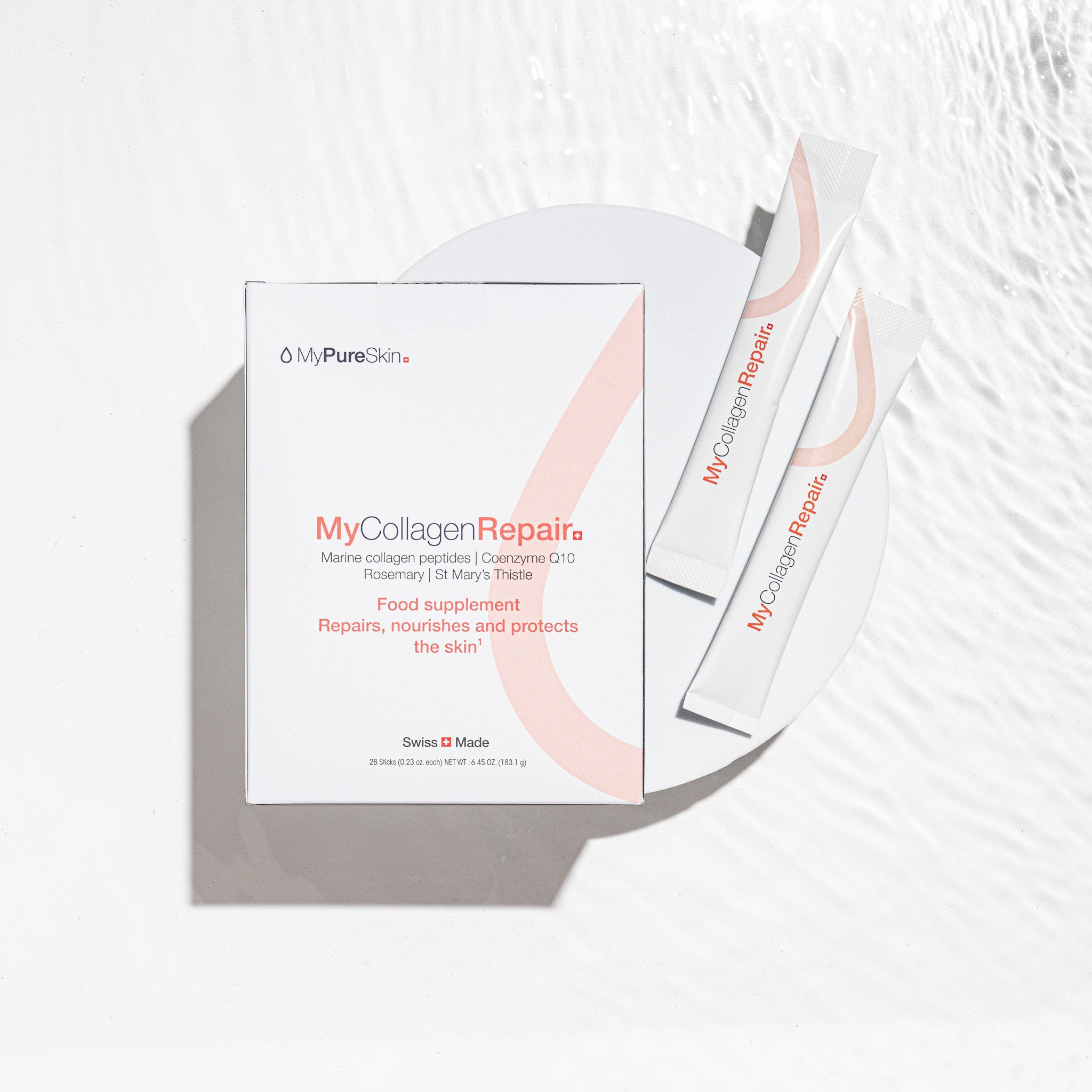 MyCollagenRepair box with two collagen sticks on a plate